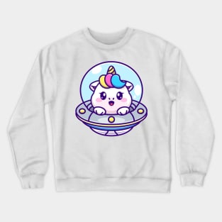 Cute unicorn flying with spaceship ufo cartoon Crewneck Sweatshirt